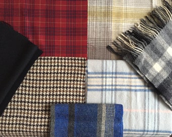 Woolen fabric remnants and vintage plaid scarves bundle for DIY projects