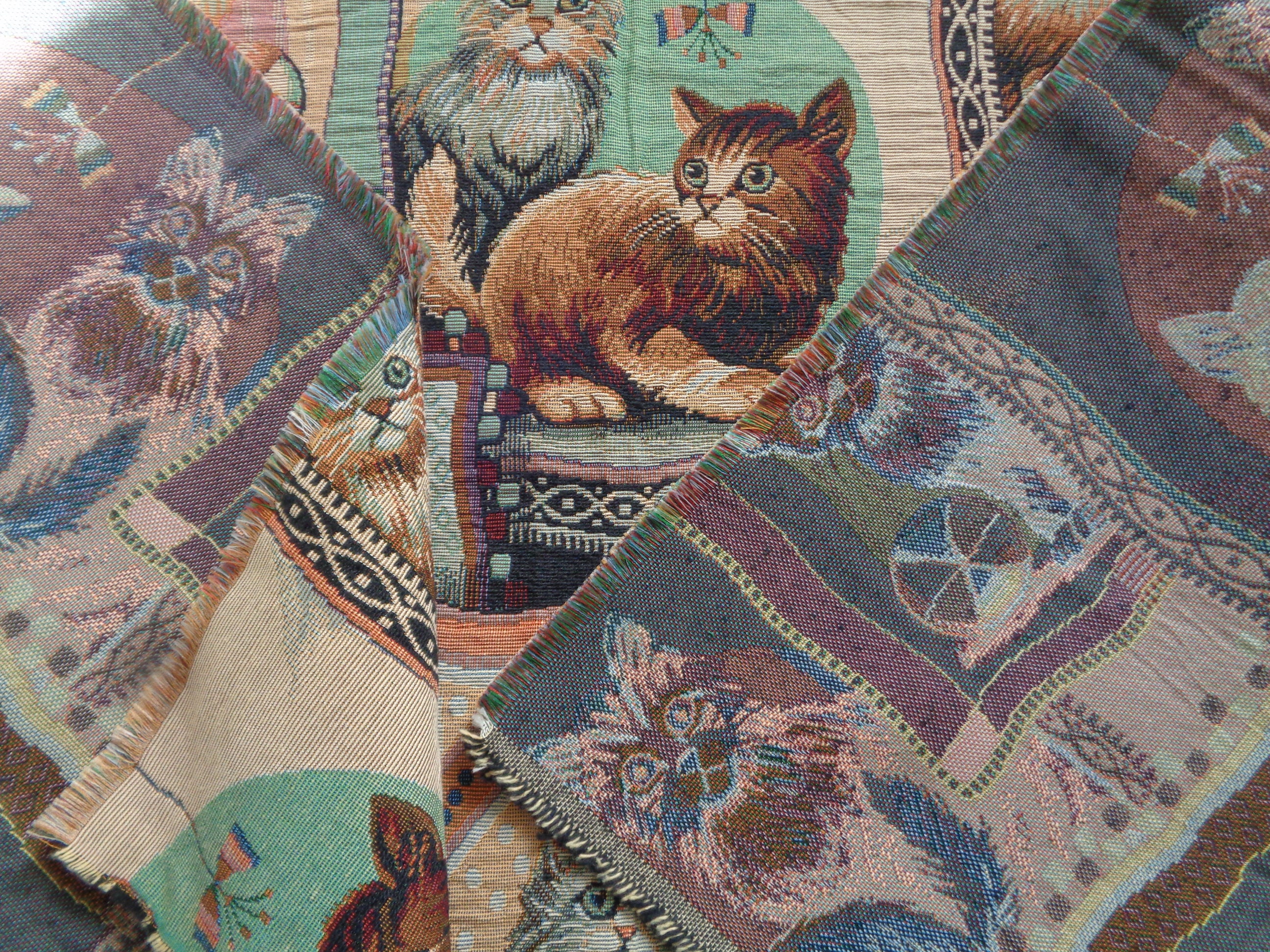 Vintage tapestry fabric with cats size 20x 56 etsy