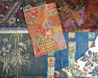 Cotton fabric remnants for DIY projects, sewing, quilting. 1 kg lot of scraps, Vintage fabrics with prints, saturated colors