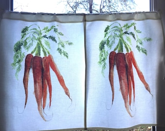 Kitchen curtain with Carrot print 2 x W18.5" x H25", White cotton cafe curtain