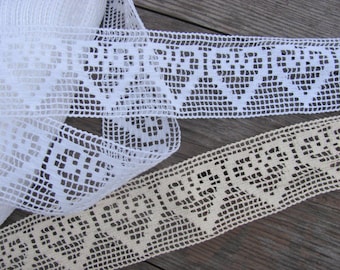 2" Wide Cotton Lace by Yard; White / Beige Heart Lace, Cotton Lace Yardage; White Cotton Lace; White Heart Lace, Lace for Wedding Decoration