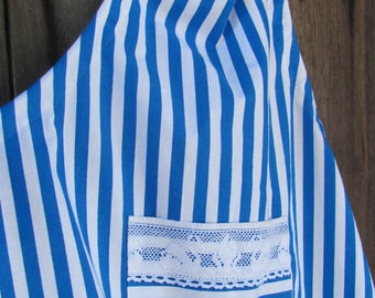 READY TO SHIP handmade apron; Sky Blue & White striped cotton apron with Swan lace