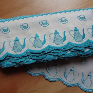 4.5&quot;/11 cm Wide Cotton Fabric Embroidered Trim with Teapots by Yard; Cream & Turquoise Scalloped Embroidered Trim for Kitchen Curtains