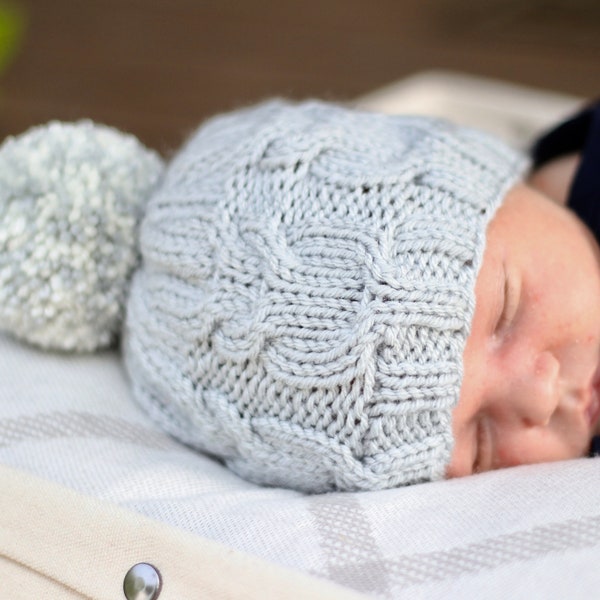 Grijze uil kabel Hat, Gender neutraal brei babymutsje, bosrijke babymutsje, gebreide hoed voor, Gender neutraal Coming Home Outfit, pasgeboren foto babymutsje