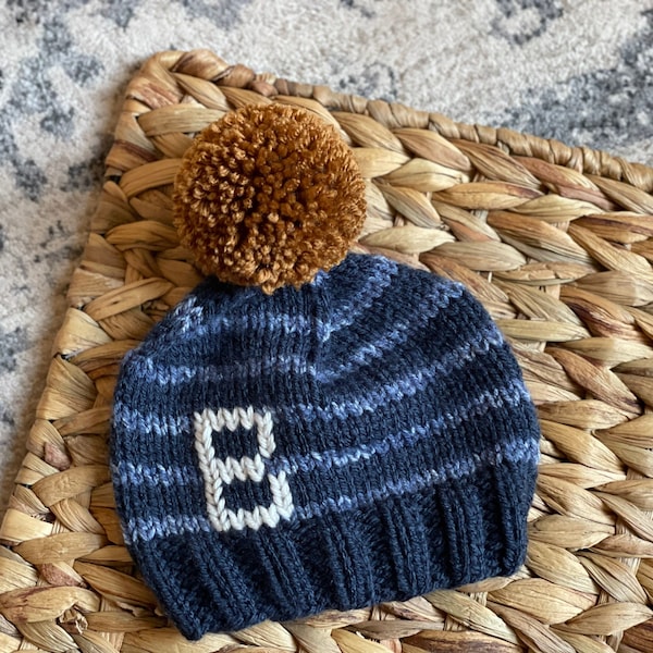 Denim Stripe Monogram Beanie, Blue Baby Hat, Hand Knit Infant Beanie, Newborn Baby Cap, Personalized Gift, Going Home Outfit, Baby Boy Hat