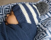 Baby Boy Beanie, Striped Baby Boy Hat, Newborn Knit Hat for Boy, Infant Winter Hat, Pom Pom Hat, Denim Blue and Gray Baby Hat, Baby Boy Gift