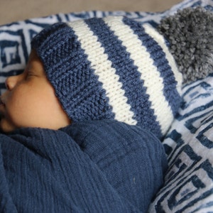 Baby Boy Beanie, Striped Baby Boy Hat, Newborn Knit Hat for Boy, Infant Winter Hat, Pom Pom Hat, Denim Blue and Gray Baby Hat, Baby Boy Gift