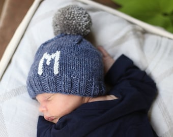 Personalized Knit Baby Hat, Denim Blue Boy Beanie, Initial Toddler Hat, Kids Monogram Hat, Baby Shower Gift for Boy, Blue Infant Winter Hat