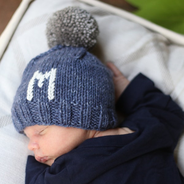 Personalized Knit Baby Hat, Denim Blue Boy Beanie, Initial Toddler Hat, Kids Monogram Hat, Baby Shower Gift for Boy, Blue Infant Winter Hat