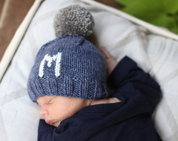 Personalized Knit Baby Hat, Denim Blue Boy Beanie, Initial Toddler Hat ...