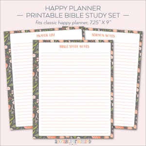 May include: Printable Bible study set for a classic happy planner, featuring three pages with lined paper and floral borders. The pages are labeled "Prayer List", "Sermon Notes", and "Bible Study Notes".