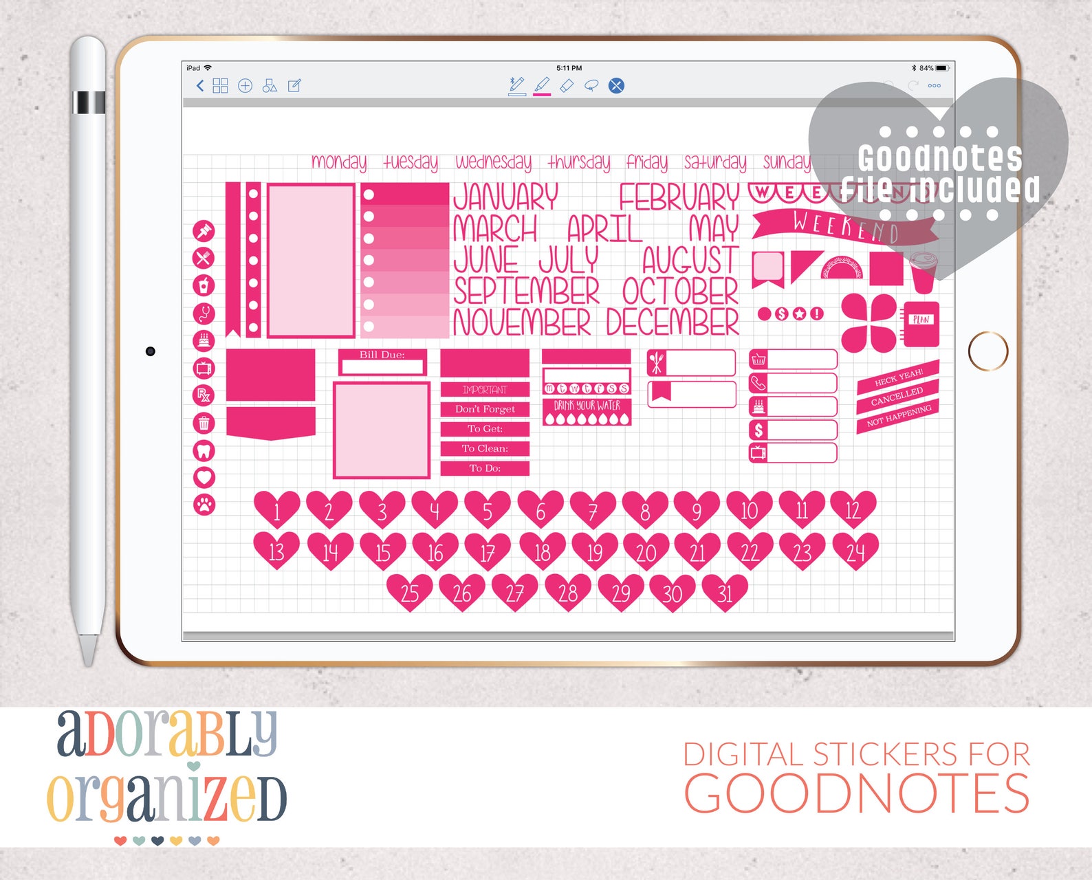 DIGITAL Planner Stickers for Goodnotes, Ipad, Instant Download, Color ...
