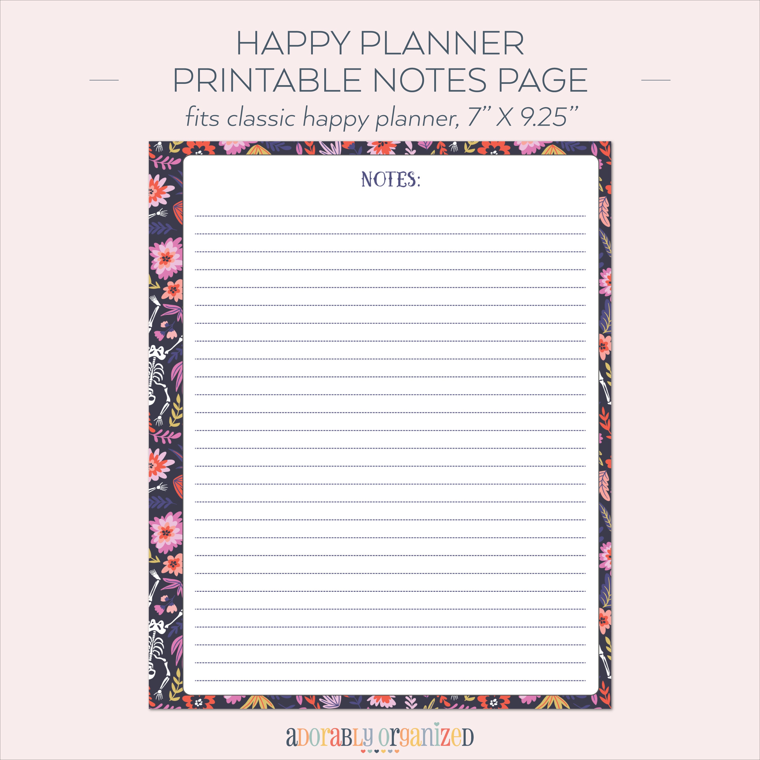 HAPPY PLANNER PRINTABLE Notes Planner Pages / Inserts 7 X 9.25 Floral