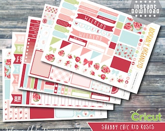 Shabby Chic Red Roses,Printable PLANNER STICKERS,Planner Sticker Kit,Erin Condren Planner Stickers,png,printable,stickers,CRICUT,cut files