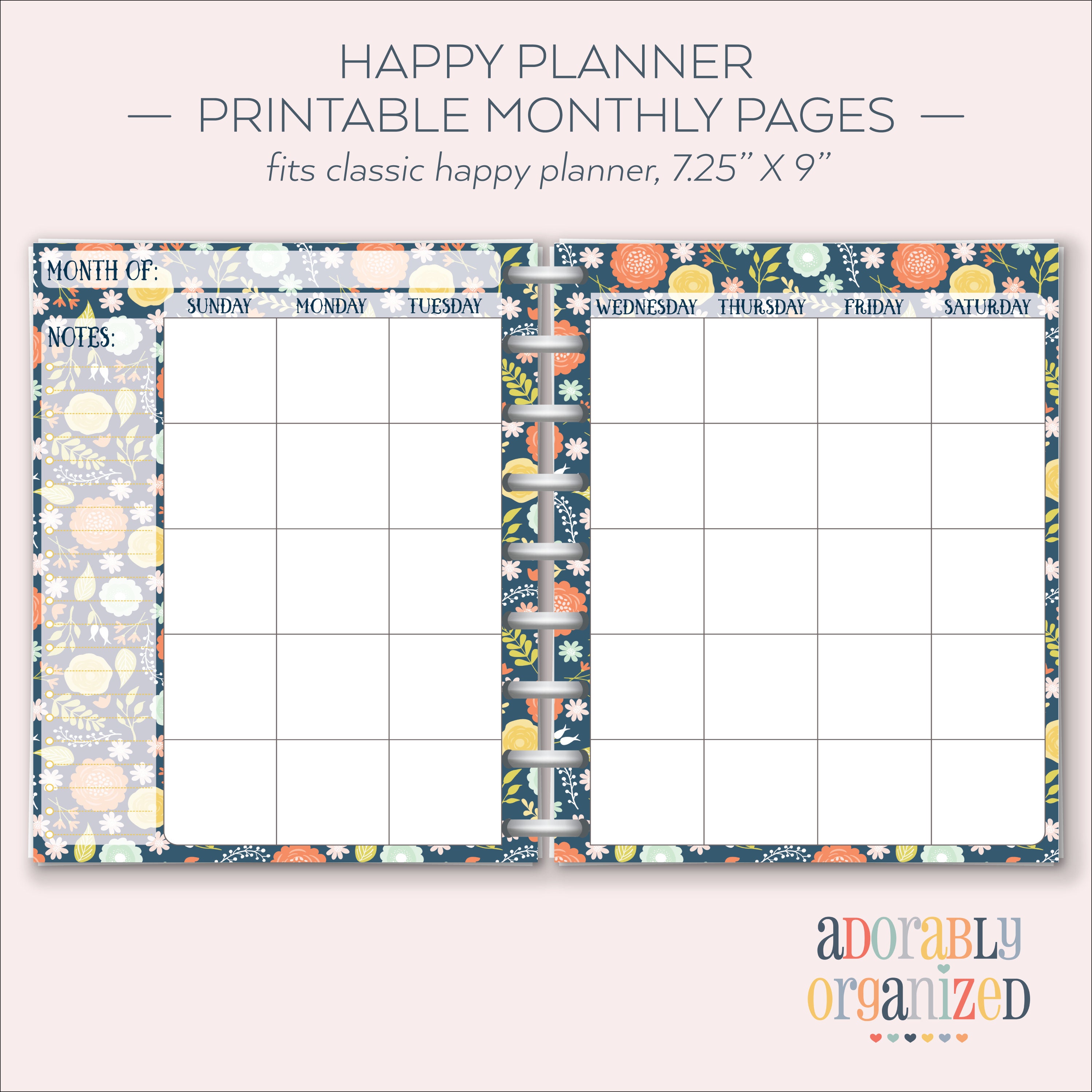 HAPPY PLANNER PRINTABLE Monthly Planner Refills / Inserts - 7 X 9.25 ...
