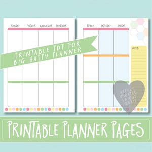 May include: Printable weekly planner pages with a colorful design. The planner is undated and has a notes section. The text "Printable PDF for Big Happy Planner" is at the top of the page.