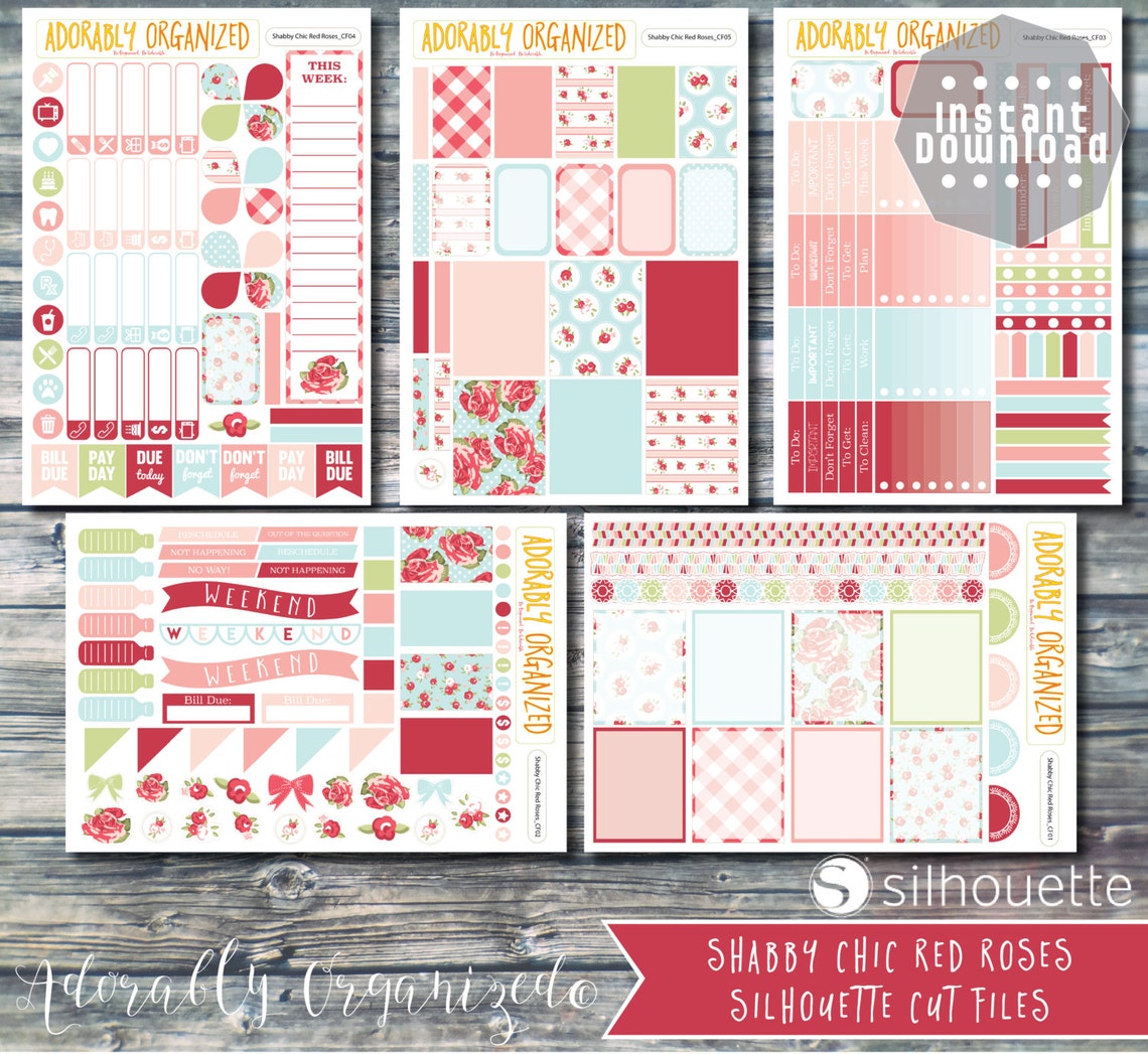 Shabby Chic Red Roses Printable PLANNER Stickers,planner Sticker Kit ...