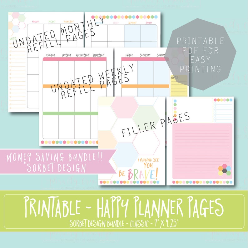 HAPPY PLANNER PRINTABLE Refill Bundle / Inserts 7 x 9.25 Sorbet Create 365 mambi Undated Monthly, Weekly, Filler Pages Refills image 1