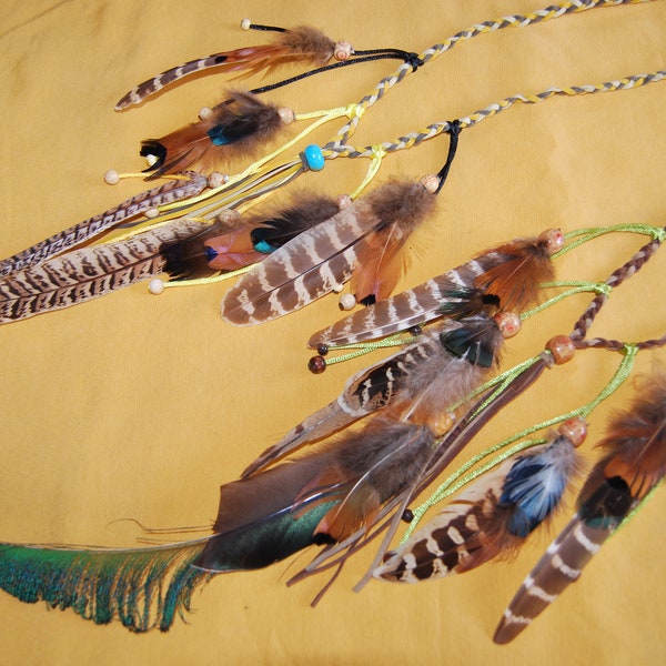 1 Bandeau cheveux boho au choix - plumes naturelles - perles bois - fil daim tressé -