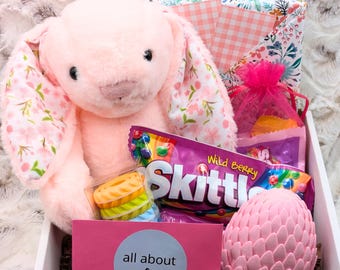 Birthday Gift Box for Girls - Pink Stuffy, Book, Fidgets, Candy, Conversation Prompts