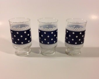 Vintage Anchor Hocking Blue Polka Dot Lace 5oz Juice Glass Set of 2 EUC