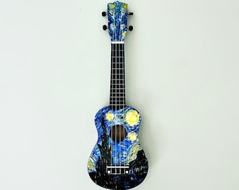Ukelele soprano personalizado pintado a mano: en la imagen: Noche estrellada de Van Gogh y Grateful Dead