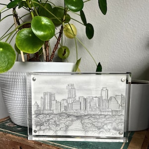 Framed Sketch of Austin Texas- Original Signed Artwork- Drawing of Austin Texas Skyline- 6&quot;x4&quot; with clear acrylic frame included- Home Decor