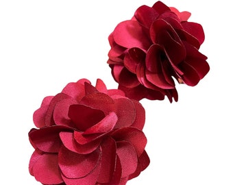 Red Satin Flower Cute 2 inch Hair Clips  - Set of Two