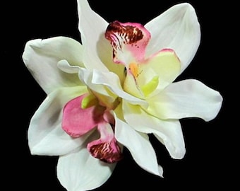 Large Ivory White Tropical Cymbidium Orchid Hair Flower Clip