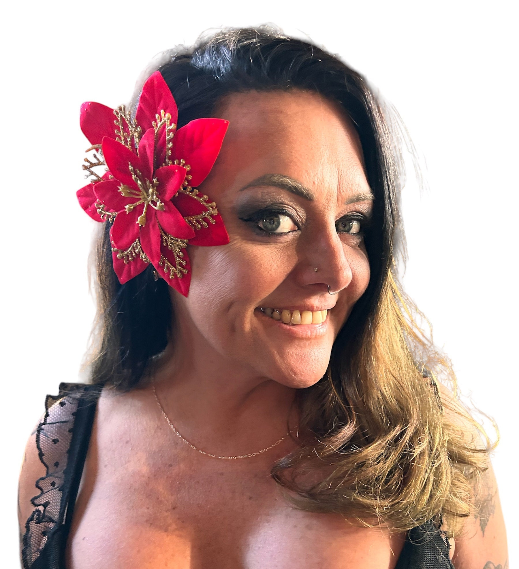 Handmade Red Peony & Gold Poinsettia Hair Flower Clip Pinup Rockabilly Holiday‎ Lady Luck main image 3