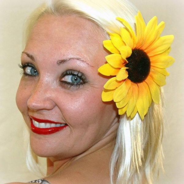 Sunflower Hair Flower Clip. Large Bright Yellow Orange Sunflower Hair Flower Accessory and or Brooch Pin