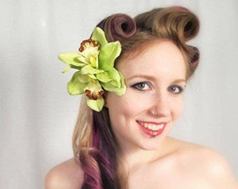 Green Cymbidium Orchid Flower Hair Clip and or Brooch Pin