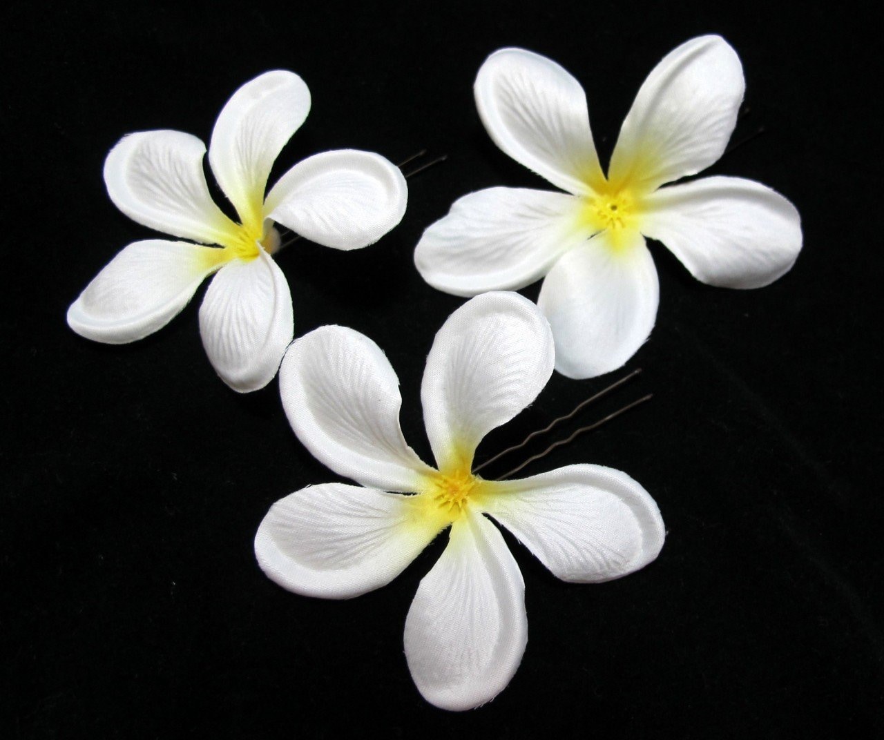 3 Inch White Plumeria Silk Flower Hair Pins - Set of 3