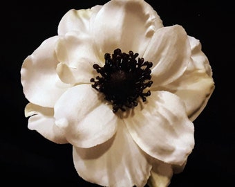 4 Inch White Anemone Hair Flower Clip and/or Brooch Pin