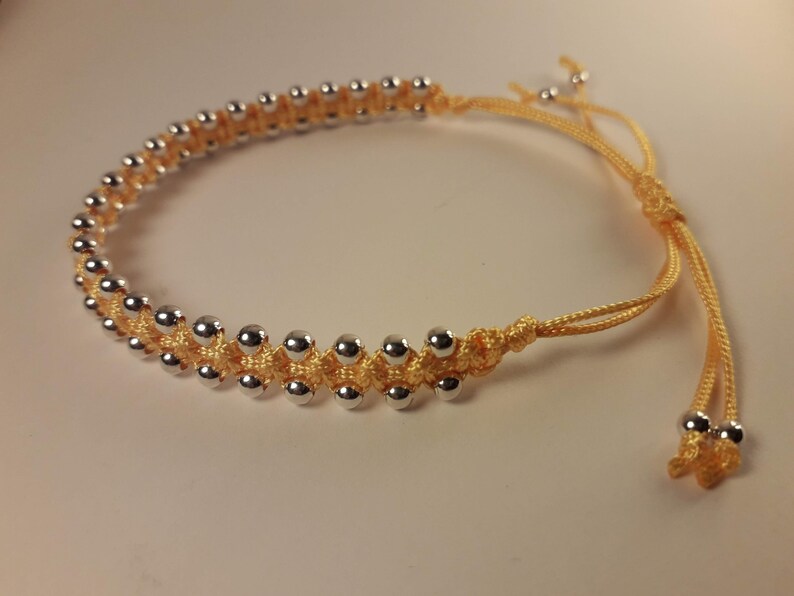 Saffron Yellow Macrame Friendship Handmade Adjustable Bracelet With 3mm Sterling Silver Beads