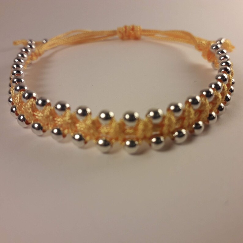 Saffron Yellow Macrame Friendship Handmade Adjustable Bracelet With 3mm Sterling Silver Beads