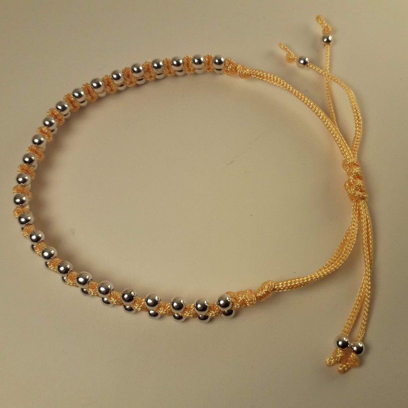 Saffron Yellow Macrame Friendship Handmade Adjustable Bracelet With 3mm Sterling Silver Beads