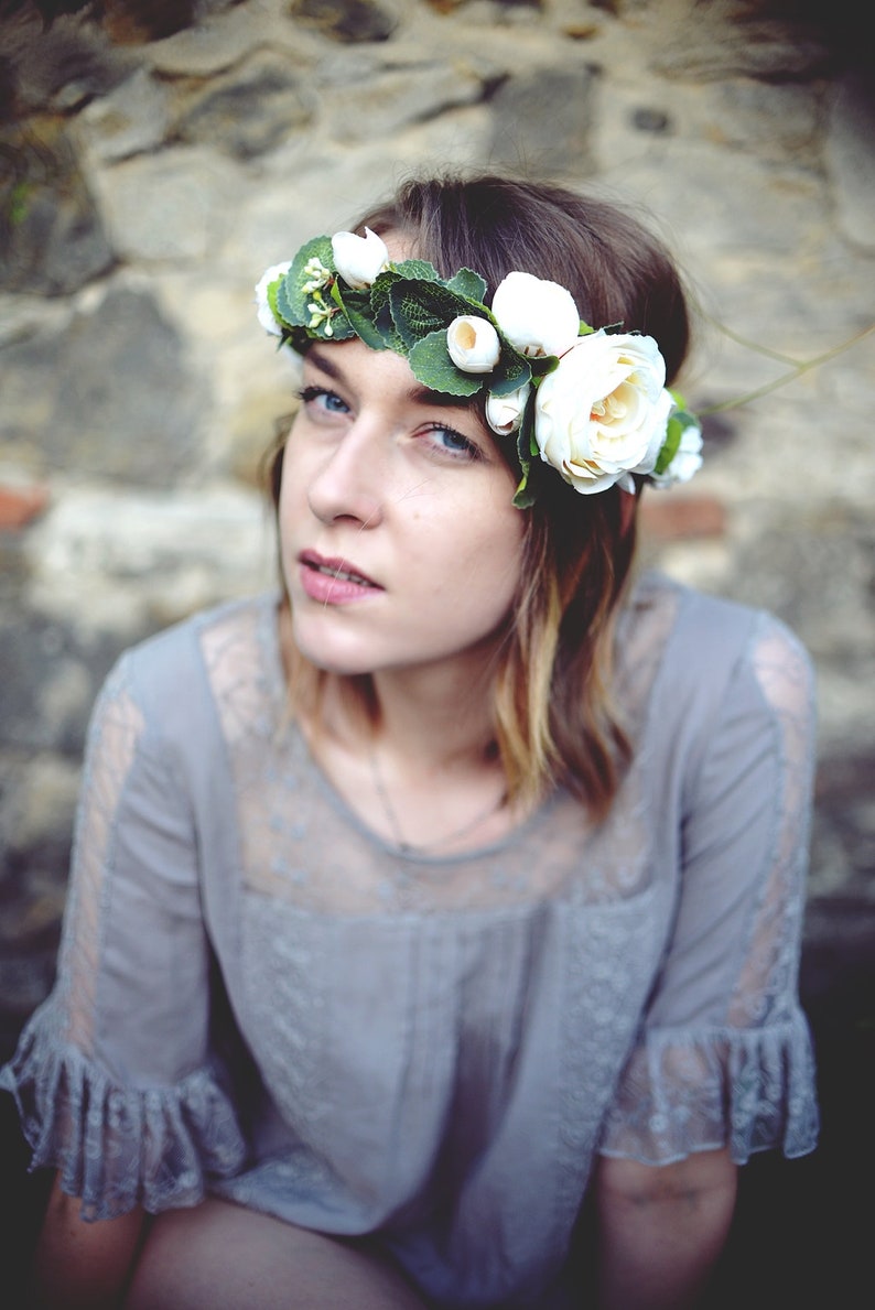 Ecru roses flower crown Ivory bridal Headband Weddings Roses and Eucalyptus Boho Headpiece Bridal crown