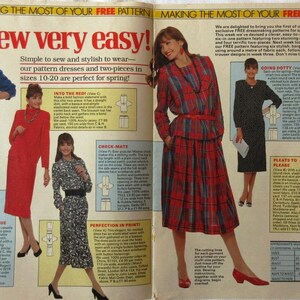 May include: An advert showcasing women in dresses and two-piece ensembles. The outfits include a blue dress, a red dress, a plaid suit, a black dress, and a green dress. The text reads "Sew very easy!" and "sizes 10-20 are perfect for spring!"
