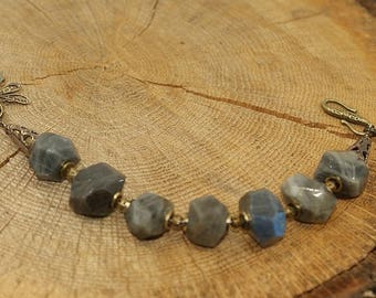 Labradorite, pearls, antique brass Dragonfly bracelet