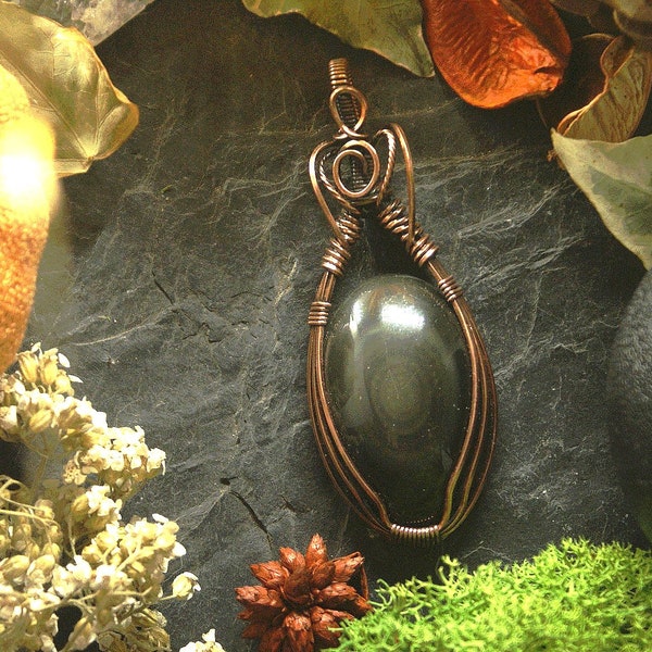 Pendentif obsidienne œil céleste collier cabochon fil de cuivre wire wrapping