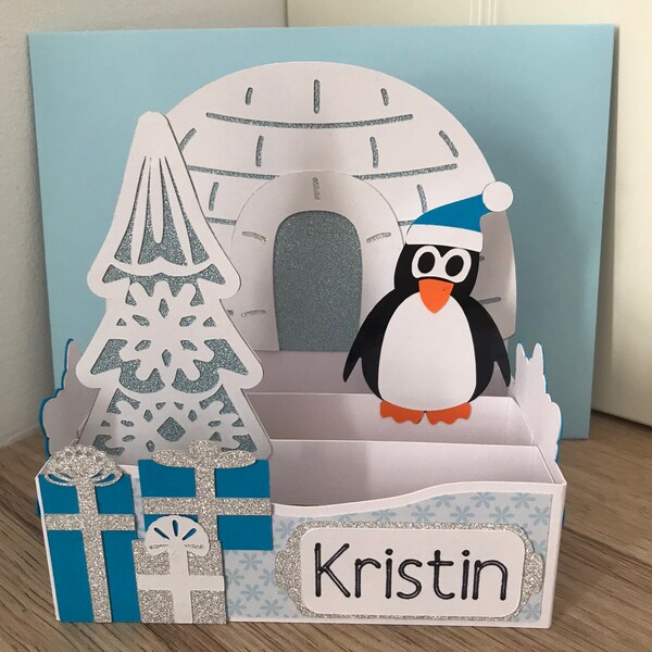 Pop-up-Pinguin-Box-Karte, Pinguin mit Iglu und Baum, personalisierte Pop-up-Box-Weihnachtskarte, Frau, Ehemann, Enkelkinder, Sohn