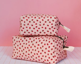 Trousse cosmétique, sac de rangement en 2 tailles toile fraise rose fait main