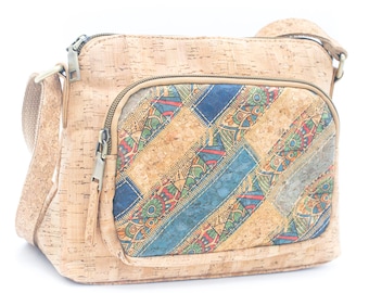 Printed natural cork shoulder bag for women with patchwork st