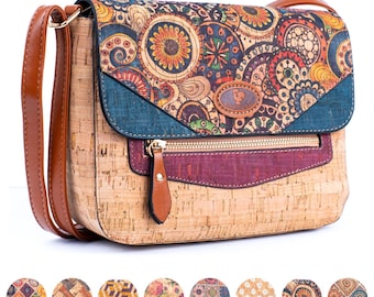 Women's mesh cork shoulder bag with stitched detail