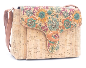 Natural cork shoulder bag with magnetic closure and floral pattern for women