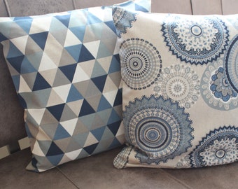 Cushion covers with zip, linen look, canvas cotton, many sizes, blue