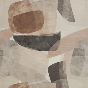 Peut inclure: Impression artistique abstraite avec des formes superposées dans des tons de marron, gris et beige. Le design comprend des formes arrondies et géométriques avec des détails texturés et rayés, créant un effet de superposition.