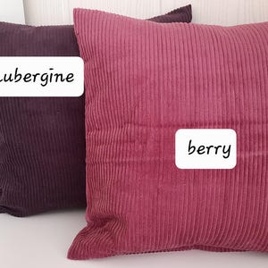 May include: Two decorative throw pillows, one is a deep purple colour and the other is a light pink colour. The pillows are made of a textured fabric and have the words "aubergine" and "berry" written on them.