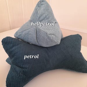 May include: Two corduroy pillows, one light blue and one dark blue. The light blue pillow is shaped like a pyramid and has the text "hellpetrol" on it. The dark blue pillow is shaped like a crescent and has the text "petrol" on it.
